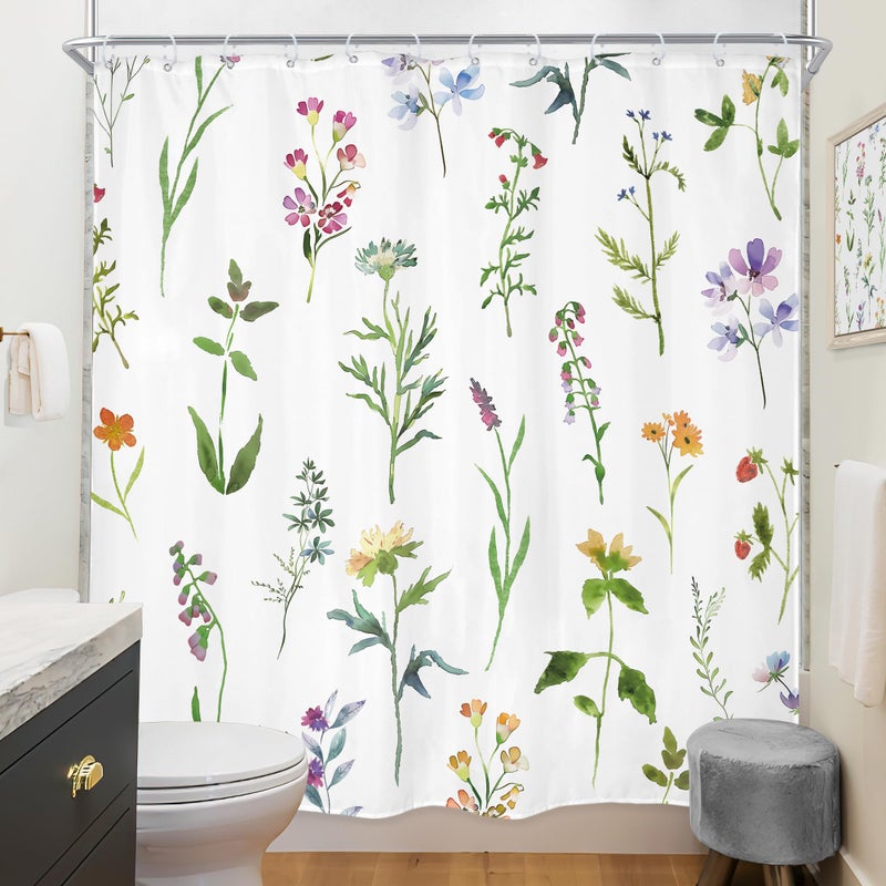 Riyidecor Botanical Shower Curtain for Bathdroom 72Wx72H Inch Watercolor Wildflower Shower Curtains Floral Leaves Plant Flower Girl Bathroom Accessories Women Fabric Waterproof 12 Plastic Shower Hooks - Image 4